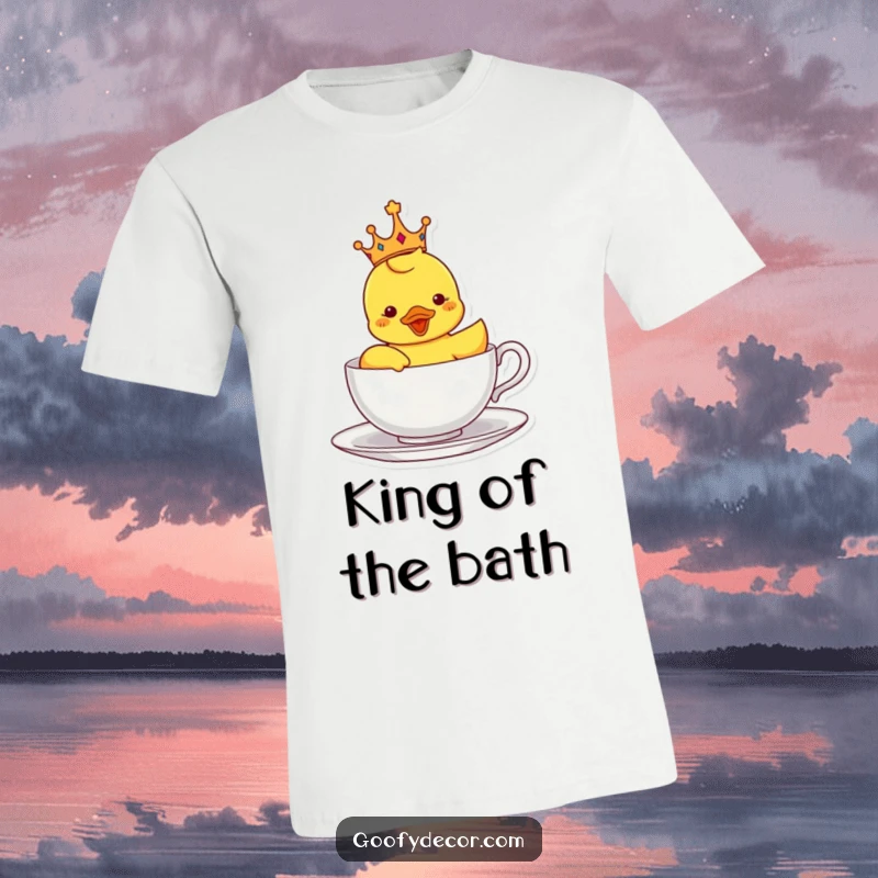 Funny t-shirt featuring a crowned rubber ducky sailing elegantly in a teacup, perfect for lovers of quirky and royal themes.