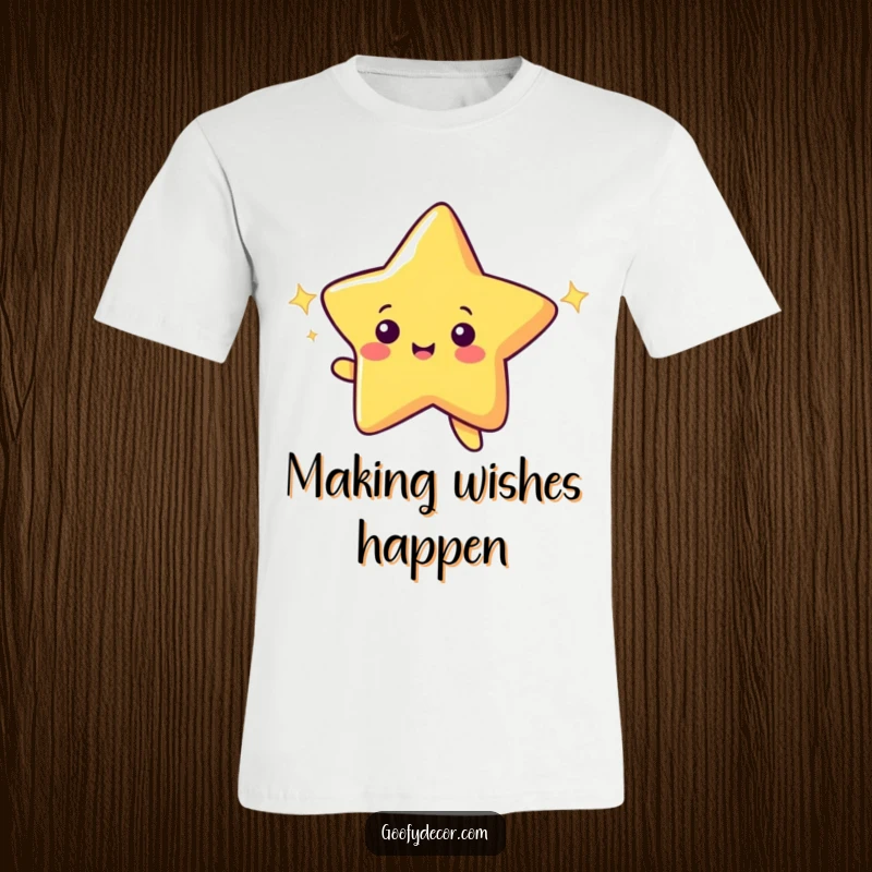 Funny shooting star t-shirt with a cheerful character making a wish, leaving a sparkling trail behind.