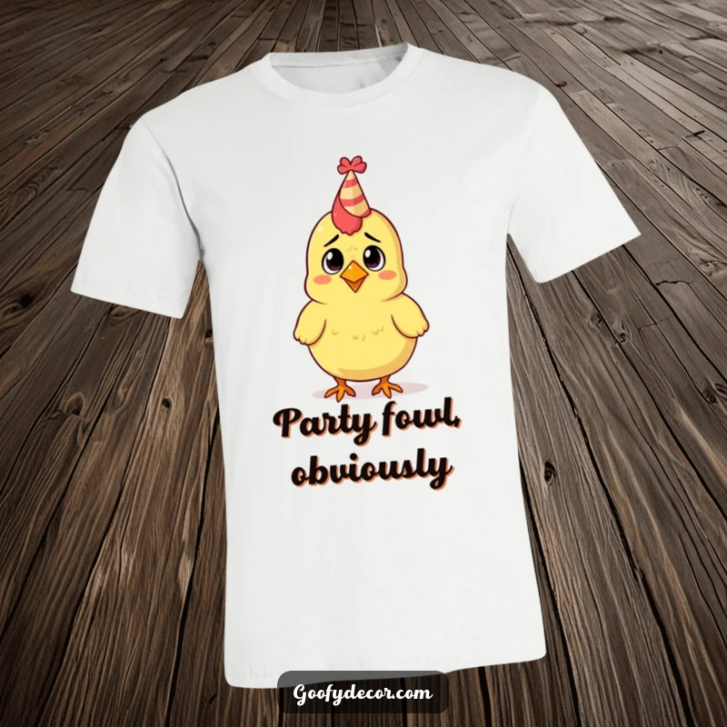 Funny t-shirt with a confused rubber chicken wearing a small party hat, looking bewildered and ready to party.