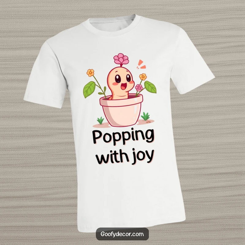 Funny T-Shirt depicting a cheerful worm character popping out of a flower pot with a hilariously surprised gasp and wide eyes.