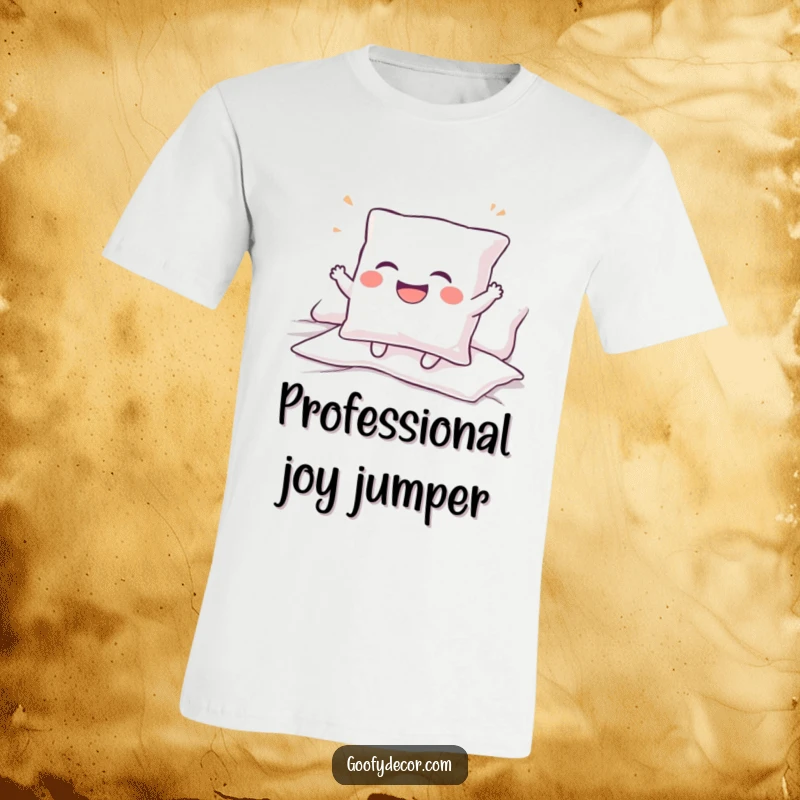 Funny t-shirt showing a giggling pillow character enthusiastically bouncing on a bed, symbolizing pure happiness and laughter.