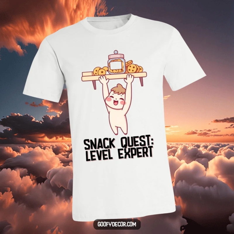 Funny t-shirt with a cheerful character reaching for a cookie jar on a high shelf, expressing a humorous desire for treats.