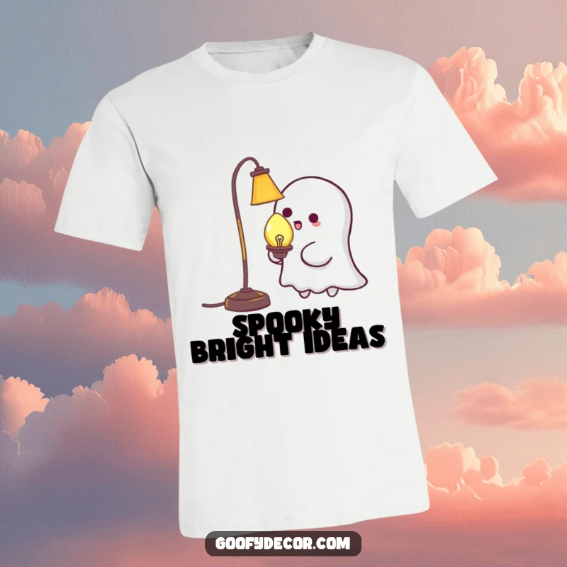 Funny Kawaii Ghost Tickling Lamp T-Shirt: Adorable ghost character playfully tickling a lamp, a humorous and charming graphic tee. A fun funny gift.