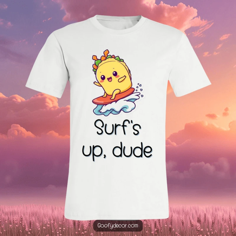 Funny kawaii taco character in mid-surf on a tiny wave, wearing sunglasses, printed on a cool graphic t-shirt.