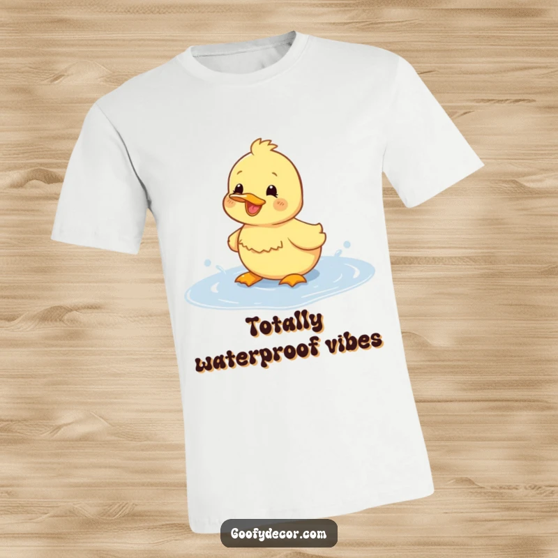 Funny duckling t-shirt showing a gleeful duckling happily splashing water in a puddle, evoking pure joy.
