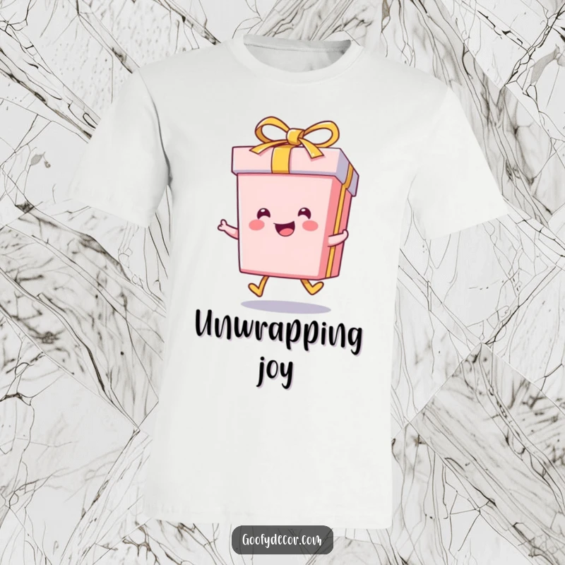 Funny kawaii smiling gift box with a bow, shown mid-skip with joy, on a celebratory t-shirt.