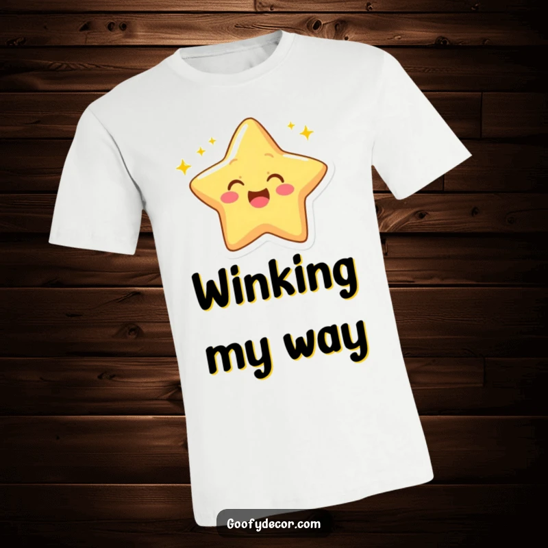 Funny t-shirt with a cheerful star character giving an excited wink, with glowing, twinkling rays.