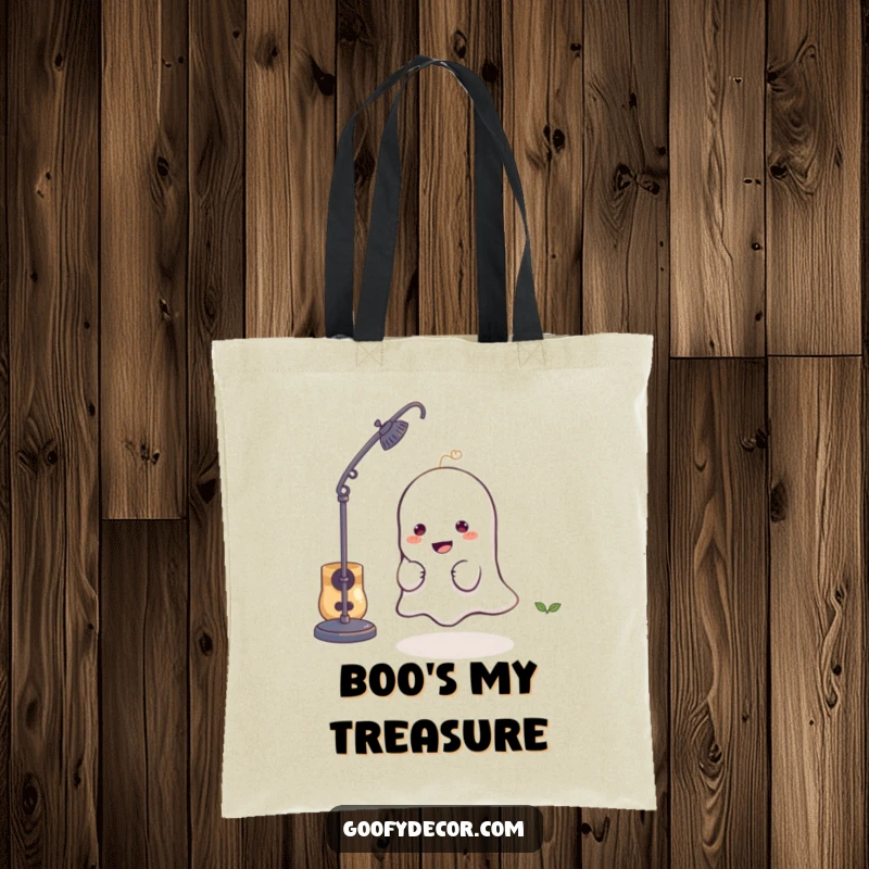 Funny tote bag with a mischievous little ghost character playfully hiding behind a lamp, perfect for everyday use.