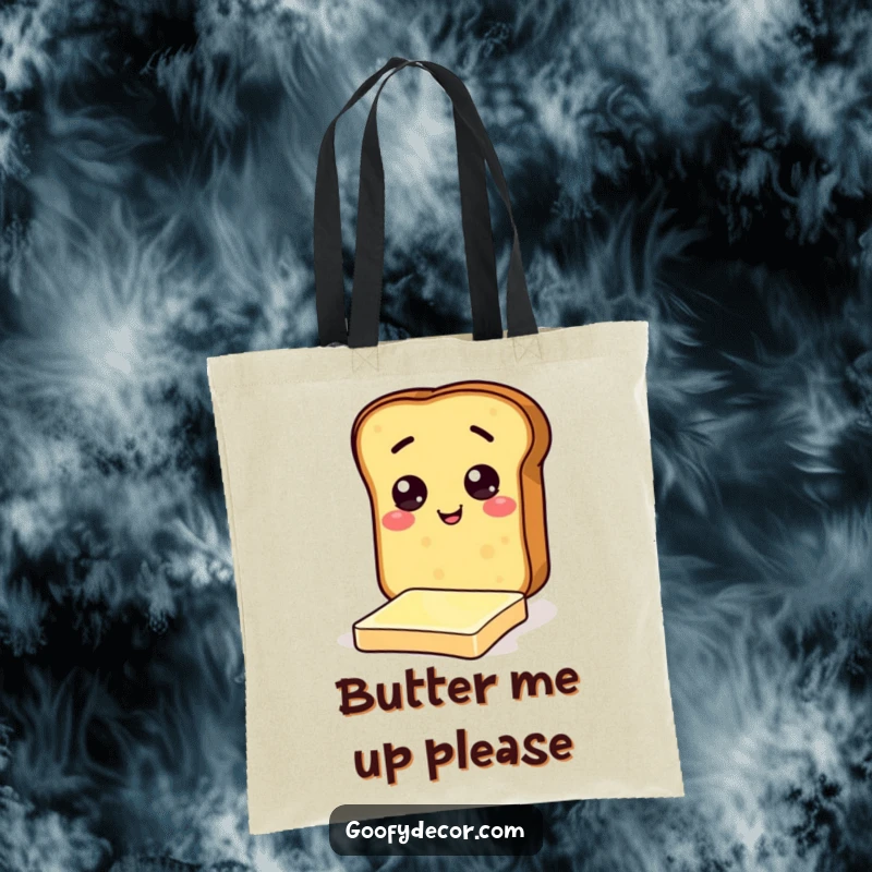 Funny tote bag with a cheerful toast character sliding on butter, perfect for carrying items with breakfast humor.