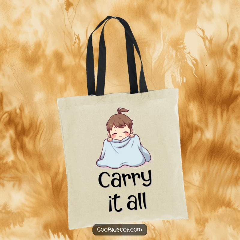 Funny tote bag with a playful character hilariously trying to fold a giant blanket, a humorous accessory for chores.