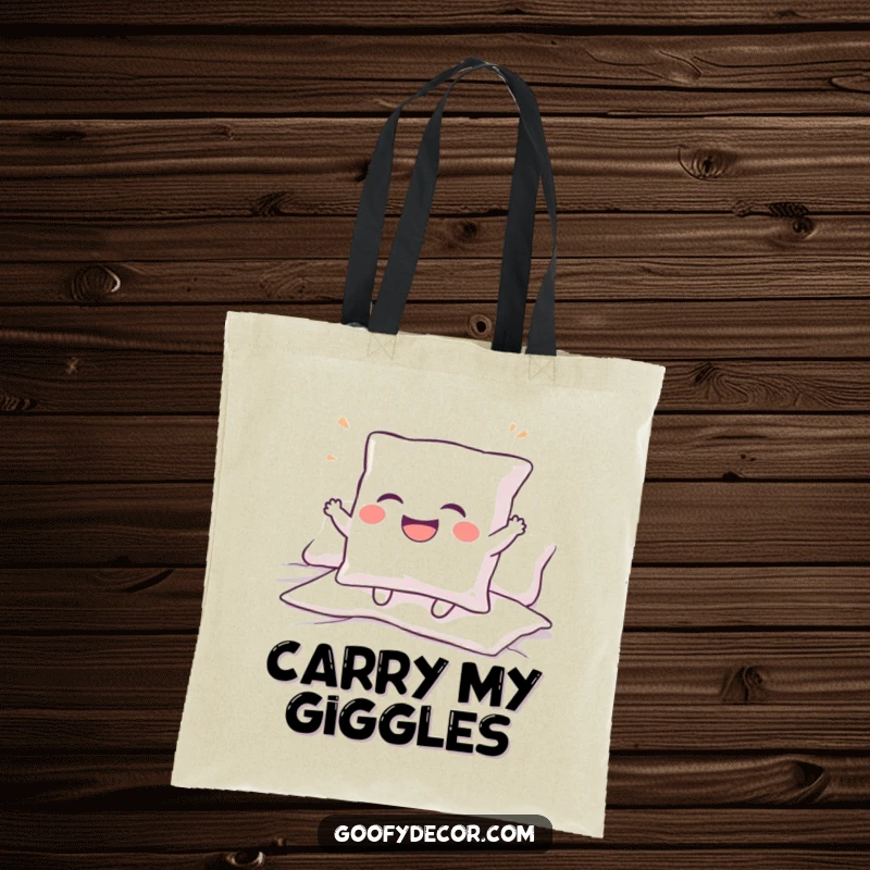 Funny tote bag depicting a giggling pillow character bouncing energetically, perfect for carrying items with a cheerful and humorous flair.