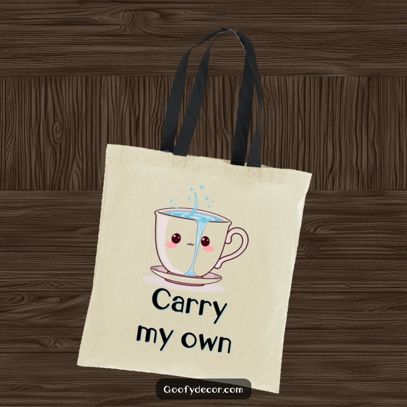 Playful teacup character happily pouring sparkling water, featured on a durable tote bag.