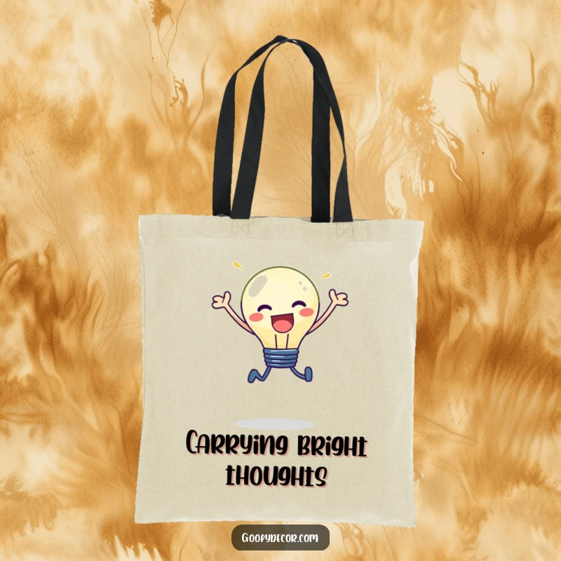 Funny kawaii lightbulb character with a shining light, leaping energetically, on a stylish tote bag.