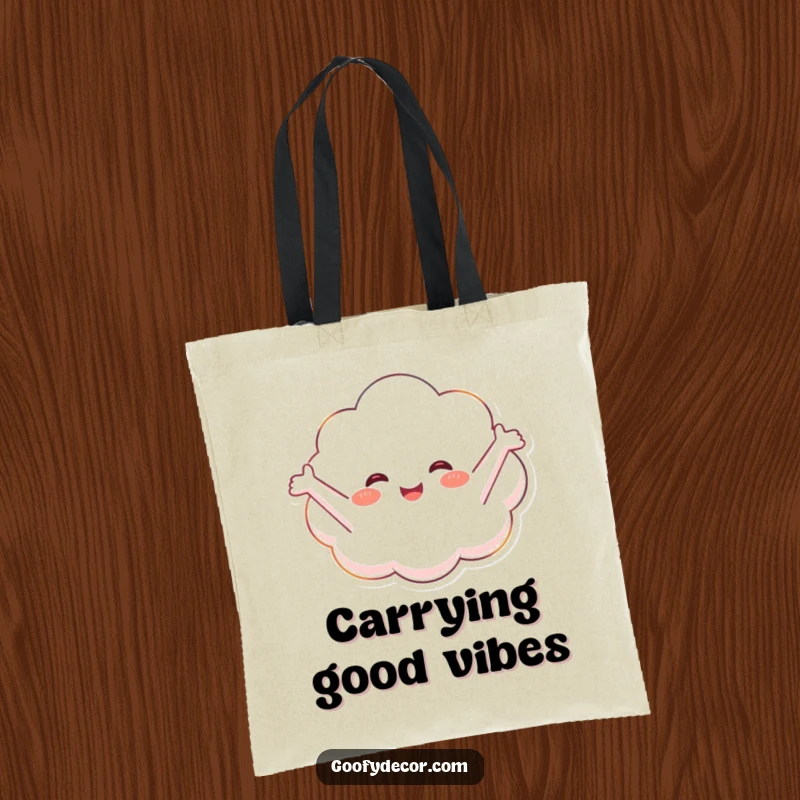 Funny tote bag with a happy cloud character floating blissfully, perfect for carrying items with a lighthearted touch.