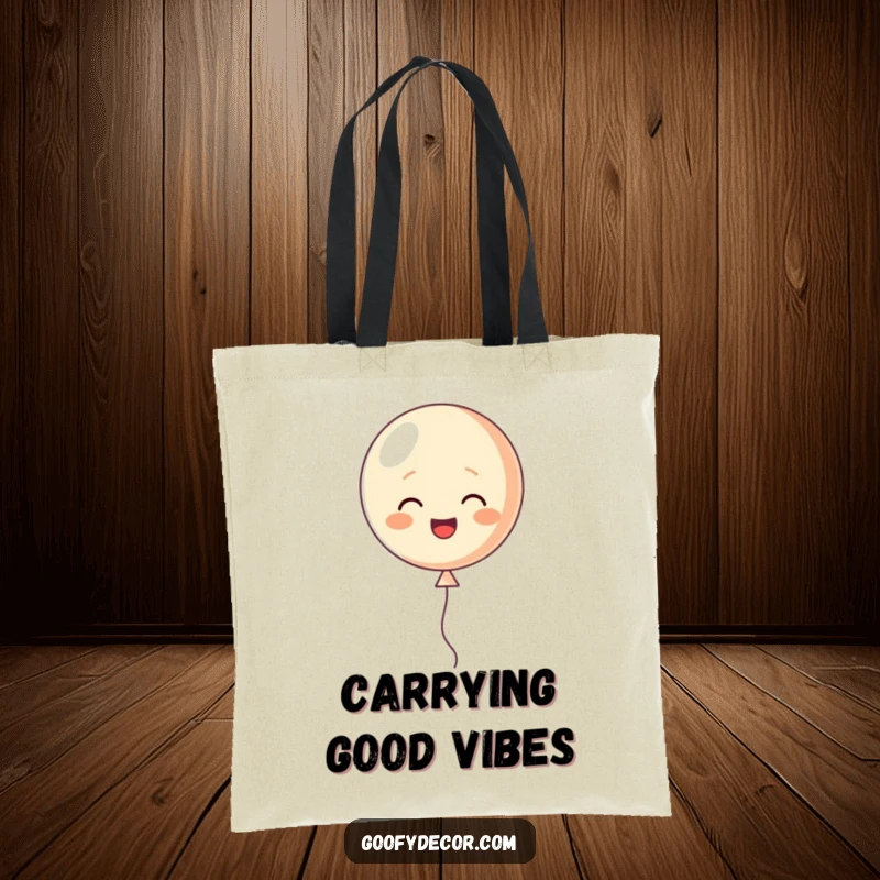 Funny tote bag with a happy little balloon character cheerfully floating upwards, perfect for carrying daily essentials.