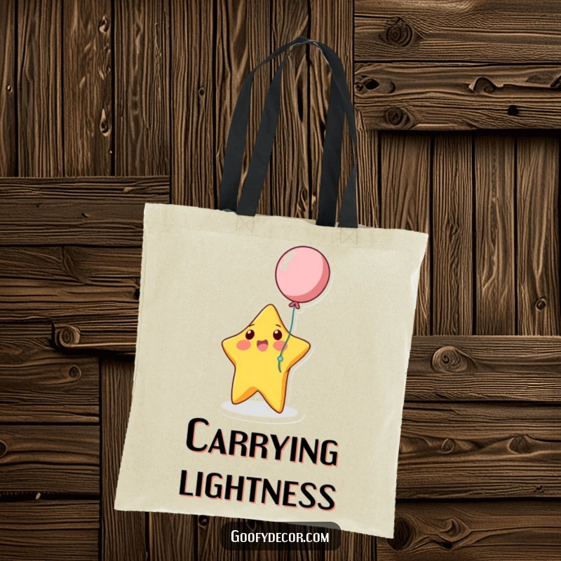 Funny bouncing star playing with a balloon on a durable and humorous tote bag.