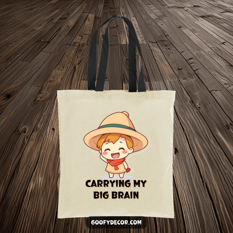 Funny grinning character tote bag, hilariously sporting an oversized hat, symbolizing playful confidence and cheerful fashion.