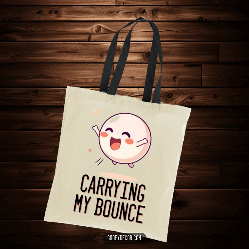 Funny Kawaii Bouncing Ball Tote Bag depicting a happy kawaii ball character joyfully tumbling through the air, perfect for active individuals.