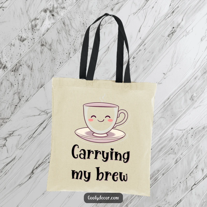 Funny Kawaii Teacup Tote Bag depicting a smiling kawaii teacup character happily spinning on its saucer, ready for any outing.
