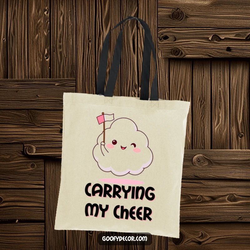Funny tote bag with a happy cloud character waving a tiny flag, symbolizing good tidings and cheerful journeys.