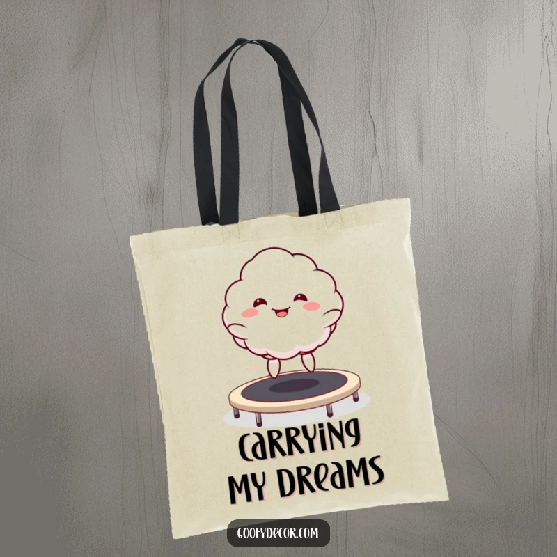 Funny Kawaii Cloud Tote Bag showing a goofy grinning cloud character gleefully bouncing on a trampoline, ready for adventure.