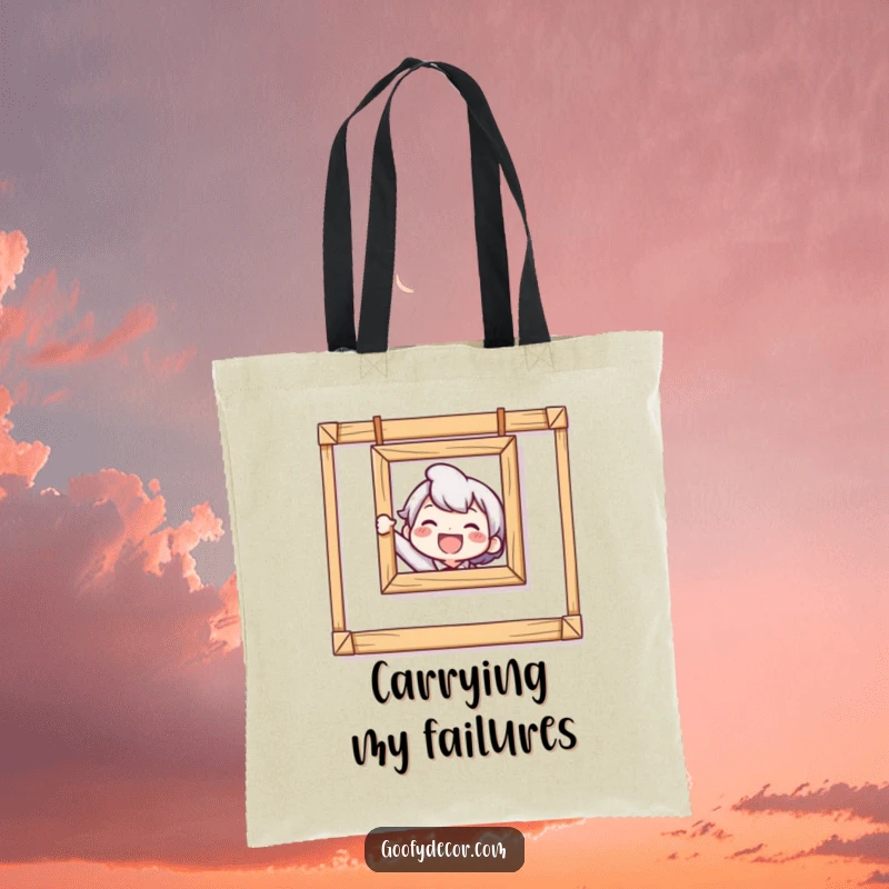Funny Crooked Picture Tote Bag featuring a delighted character's attempt at hanging a picture that is comically askew.