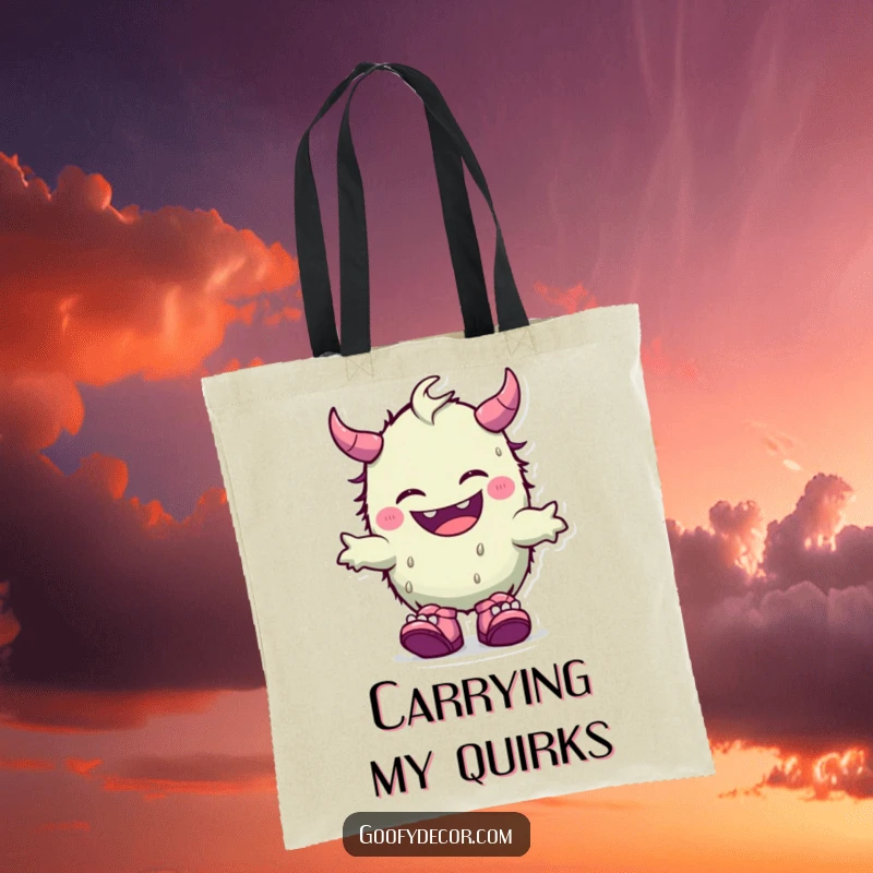 Funny tote bag showcasing a giggling kawaii monster proudly wearing mismatched shoes, embodying quirky fashion and happiness.