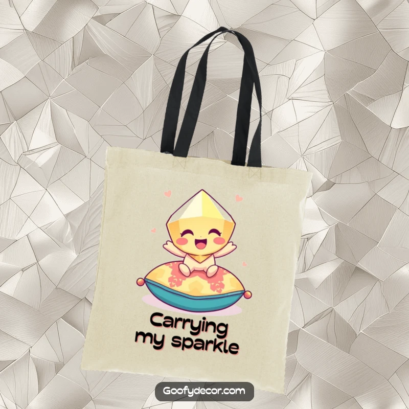 Funny giggling gem character bouncing playfully on a colorful cushion on a durable tote bag, perfect for happy errands.