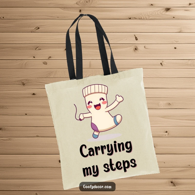 Funny kawaii happy sock character doing a playful dance with a dangling string, on a tote bag.
