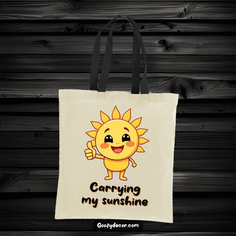 Funny joyful sun character with beaming rays giving a thumbs up on a tote bag, perfect for carrying essentials with a sunny attitude.