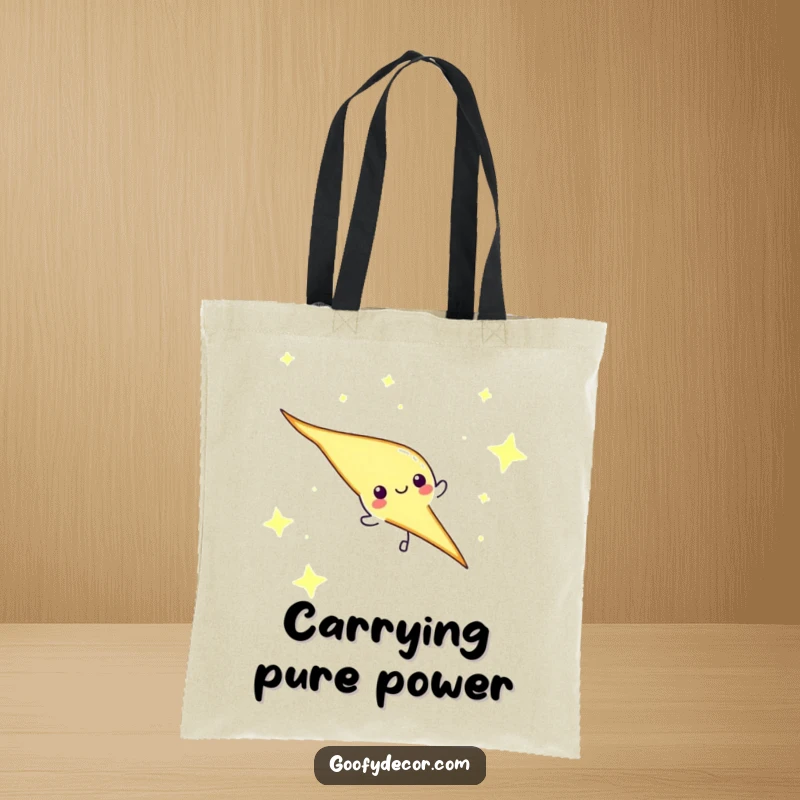 Funny lightning bolt character zipping across a starry sky on a durable tote bag, ideal for carrying essentials.