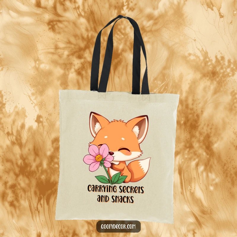 Funny winking fox peeking from behind a flower, on a practical tote bag, a stylish and funny accessory.