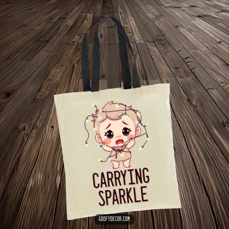 Funny tote bag with a bewildered character hilariously tangled in fairy lights, a humorous accessory for holiday lovers.