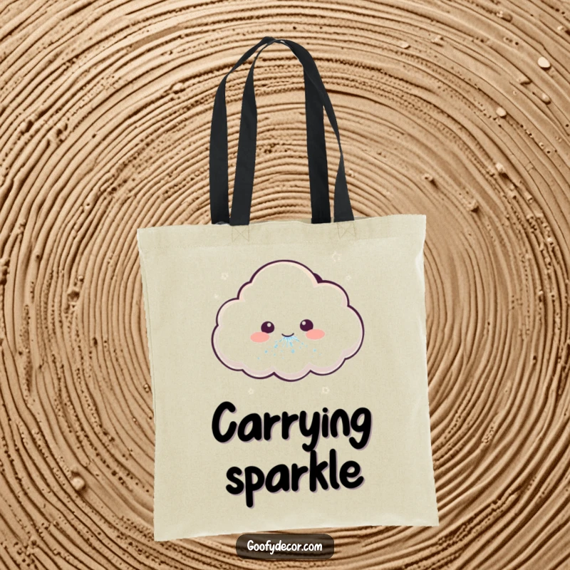 Funny tote bag showcasing a kawaii cloud character playfully sneezing a shower of glitter, embodying enchanting fun.