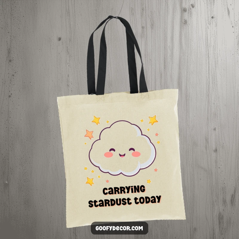 Funny tote bag displaying a bubbly cloud character joyfully sprinkling colorful stars, adding a touch of magic to errands.