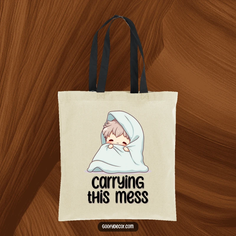 Funny Giant Blanket Tote Bag featuring a playful character humorously struggling with an enormous blanket, perfect for carrying items.