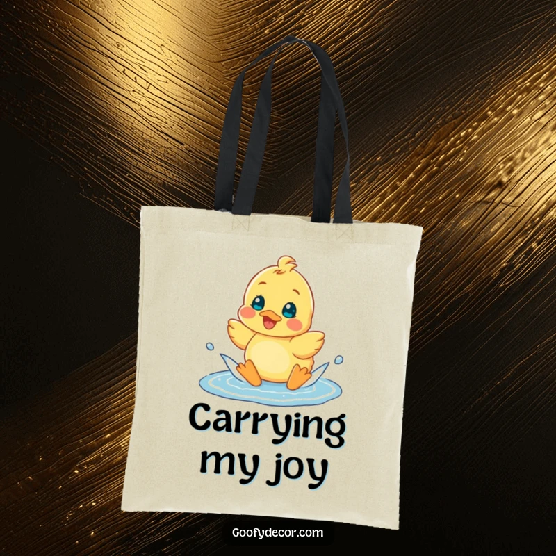 Funny cheerful duckling character splashing happily in a puddle on a tote bag, ideal for carrying joy.