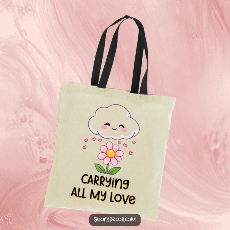 Funny tote bag showing a smiling cloud character playfully raining red hearts down on a happy flower.
