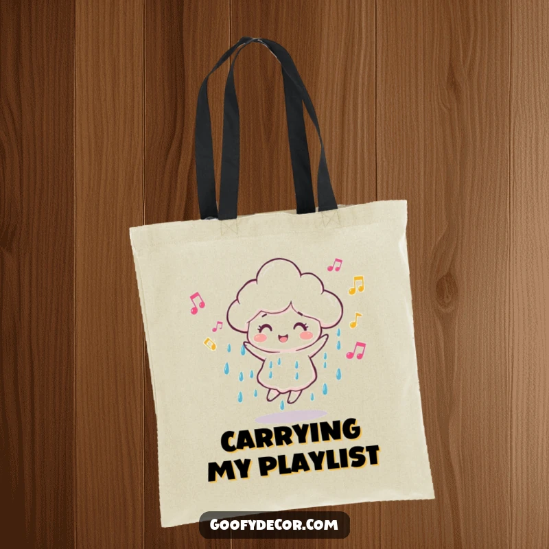Funny dancing rain cloud tote bag featuring a happy cloud character with musical notes, ideal for carrying groceries, books, or daily items.