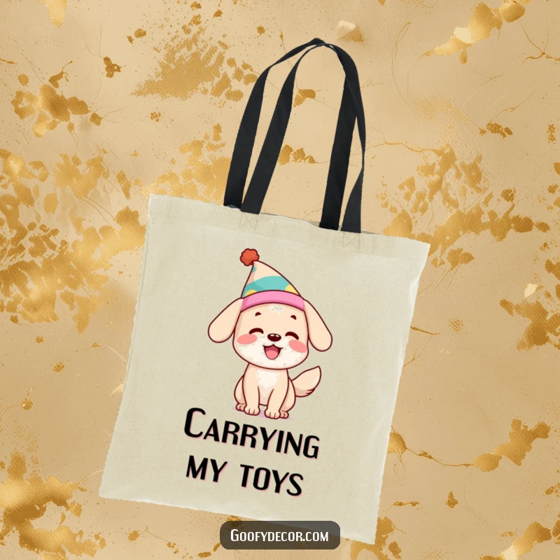 Funny Dog Tote Bag: A happy dog with a wagging tail and a silly hat is ready for errands or adventures.
