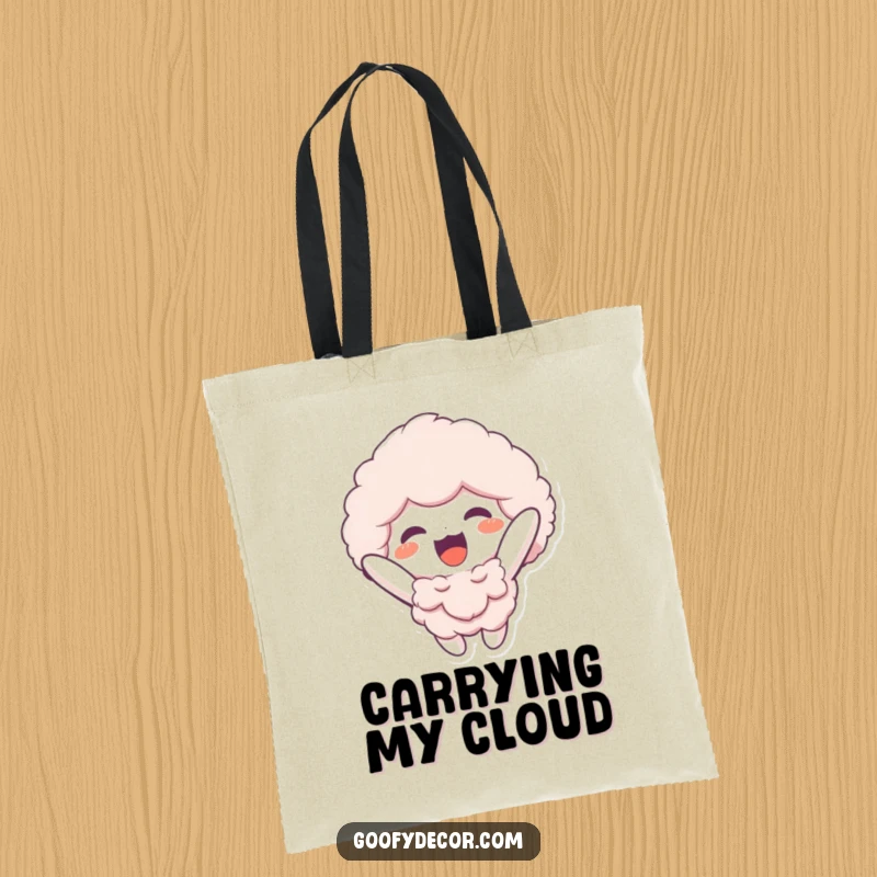 Funny tote bag depicting a fluffy character cheerfully floating upwards, ready to carry your essentials with a dose of whimsical charm.