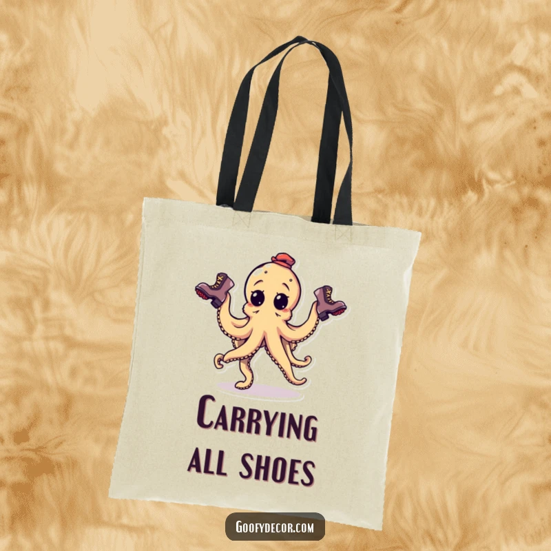 Funny goofy octopus character juggling three mismatched boots on a tote bag, great for carrying essentials.
