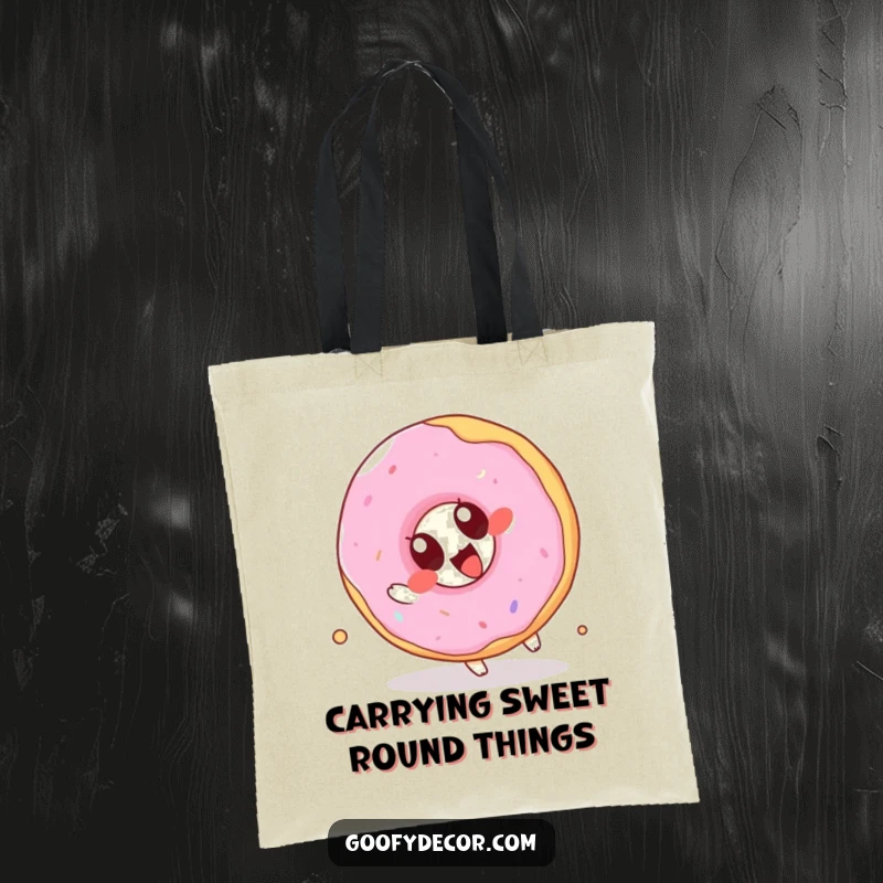 Funny Kawaii Donut Tote Bag: A durable tote featuring a cute cartoon donut joyfully attempting a somersault, ideal for shopping and everyday use.