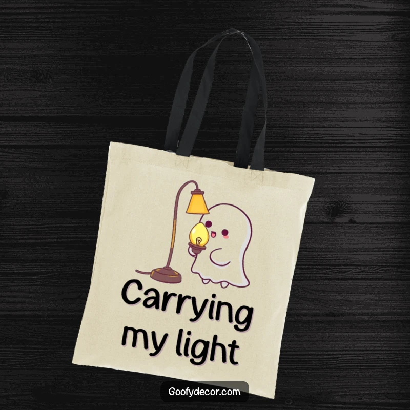 Funny Kawaii Ghost Tickling Lamp Tote Bag: Durable tote with a cute ghost tickling a lamp, perfect for shopping and showcasing playful humor. A practical funny gift.