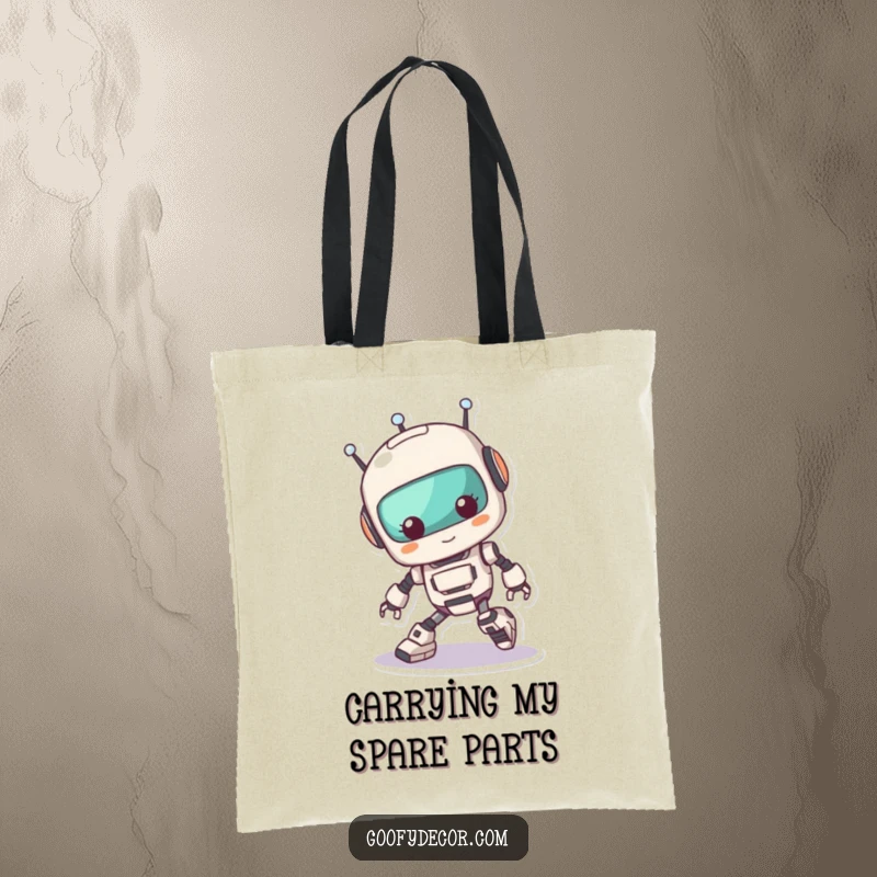Funny Kawaii Robot Tripping Tote Bag: Durable tote with a cute robot comically tripping over its feet, perfect for shopping and humor. A practical funny gift.