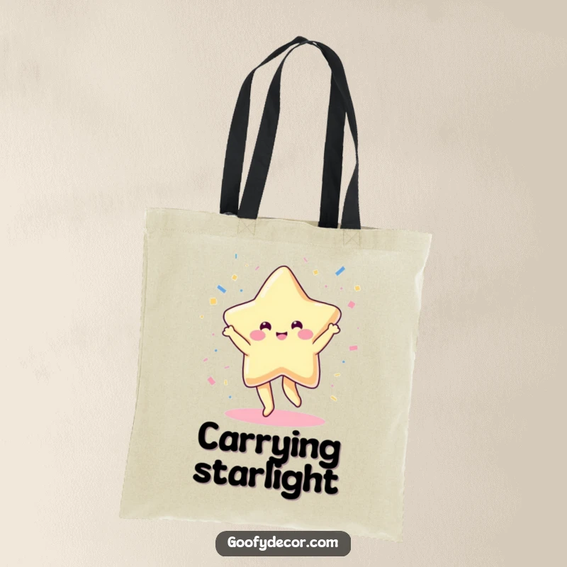 Funny tote bag showcasing a cheerful kawaii star dancing amidst a flurry of confetti, embodying pure celebration.