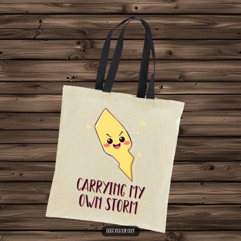 Funny lightning bolt character with mischievous grin zig-zagging on a durable tote bag, ideal for carrying essentials with style.