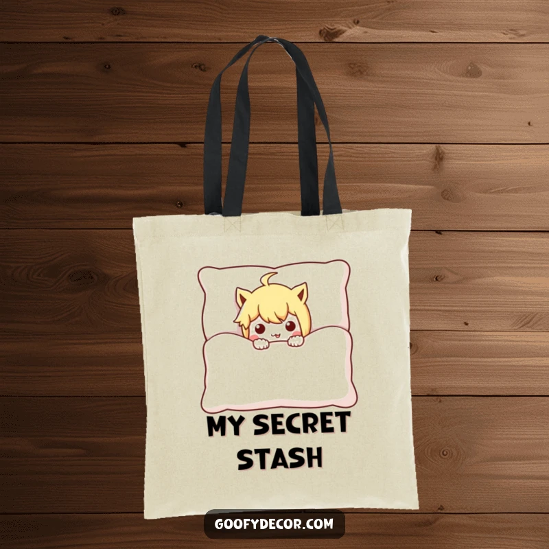 Funny mischievous character tote bag, hilariously peeking from behind a large cushion, symbolizing playful secrets and hidden fun.