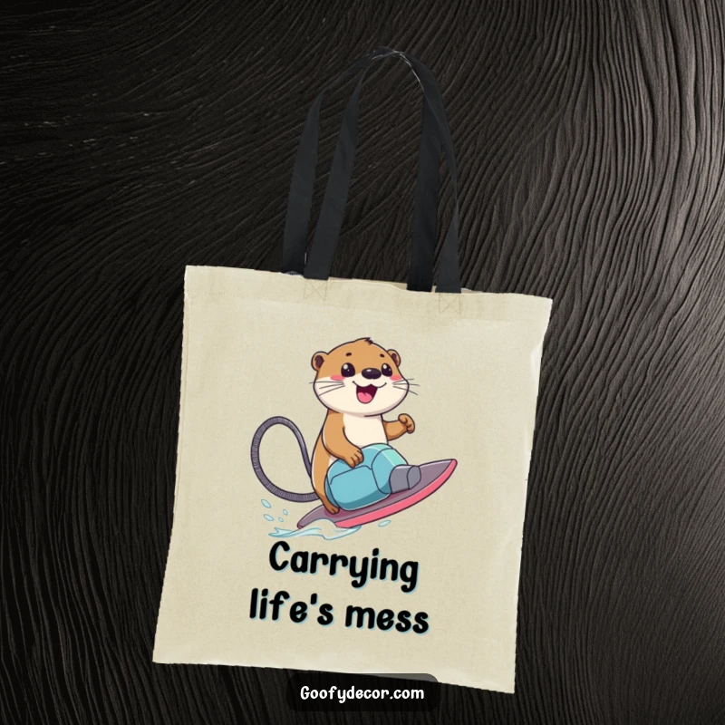 Funny Tote Bag featuring a smiling otter character riding a vacuum cleaner surfboard, perfect for carrying essentials with a playful touch.