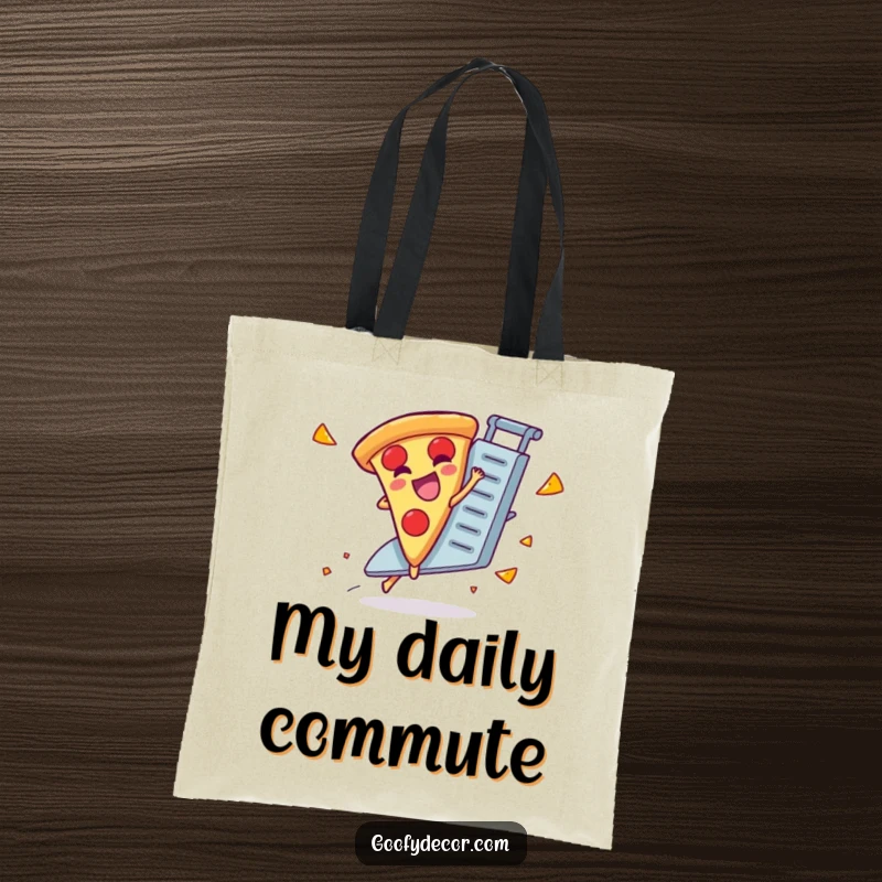 Funny tote bag featuring a giggling pizza slice character riding a runaway cheese grater.